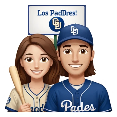 *White* couple smiling. Woman has big cheeks and a lot of freckles on the nose. long brown hair. Man has black and very short hair and prominent eyebrows with egipcian nose. Both are wearing “Los Padres” baseball jerseys and with a sign that says “Go Padres!” sticker