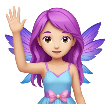 Tan fairy with long purple hair,  pastel pink blue and purple wings, wearing a, pastel pink dress, Waving with one hand sticker