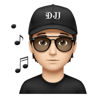 Emoji of a white man with short dark brown hair under a black baseball cap, wearing a black t‑shirt and 1980s‑style black Ray‑Ban rectangle sunglasses black lenses, with black musical notes floating around his head,  word "DJ DLG" written on the hat sticker
