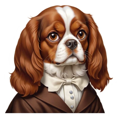 Cinematic Meme-Worthy Grumpy Blenheim Cavalier King Charles Spaniel Portrait Emoji, Head held high but eyes filled with dramatic disappointment, smooth Blenheim coat with striking chestnut and white patches, deeply furrowed brow forming an unmistakable scowl, floppy ears slightly angled back in disapproval, piercing brown eyes glaring with pure exasperation, Simplified yet hilariously over-exaggerated features, highly detailed, glowing with an aura of supreme annoyance, high shine, exhausted yet judgmental, stylized with an almost regal pettiness, bright but brooding, soft glowing outline, capturing the essence of a companion that has seen it all and is thoroughly unimpressed, so meme-worthy it feels like it could instantly become the next viral sensation of grumpiness! sticker