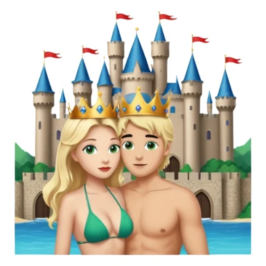 Blonde Queen with crownGreen eyes in Bikini kissing Male subject without crown black hair blue eyes Background Castle  sticker