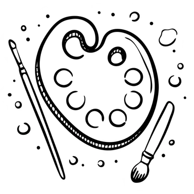 Detailed artist's palette with colorful paint blobs, palette holes, and paintbrushes nearby. Detailed hand-drawn icon style. sticker