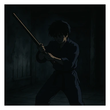 a figure training in the dark, with shadows and a mysterious atmosphere sticker