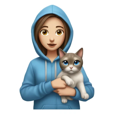 girl with brown hair, hazel eyes, and freckles, wearing a hoodie, holding a Siamese cat that is white and gray and the cat has blue eyes  sticker