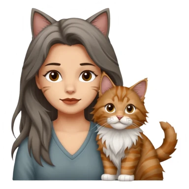Emojis de una chica de pelo castaño largo sujetando un gatito gordo peludo mainecoon de colores gris negro y marrón  sticker