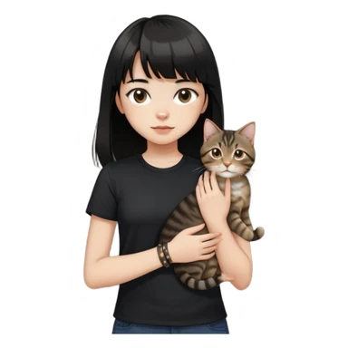 A girl with black long hair and bangs, wearing a black short-sleeved shirt, a brown bracelet on her right wrist, white skin, holding a tabby cat, the cat is standing upright sticker