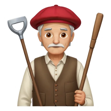 Catalan old peasant man with a catalan red cap, a white shirt, a brown waistcoat and carrying a hoe on the right shoulder sticker