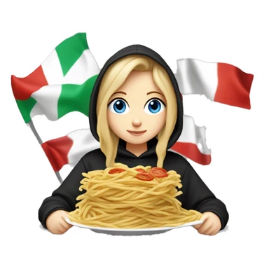 pale girl with blue eyes and pretty eyelashes and dirty blonde hair and freckles holding an italian flag while eating pasta and with a black hoodie on that says “morgan” on it sticker