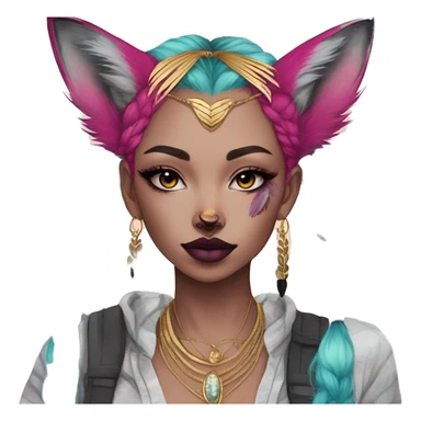 Pink magenta burgundy maroon cyan beige gray fox black stripes wearing gold jewellery gold piercings gold ear piercing gold nose piercing vintage watercolour tie dye black raven wings sticker