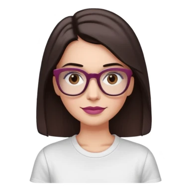 White woman with long straight dark brown hair, divides in the middle, dark Brown eyes, light tortoiseshell framed glasses (no pink colour). The lips have soft dark old pink coloured lipstick, and lith smile (no teeth showing). No pink make-up in the eyes. The t-shirt is White. sticker