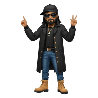 African American man with shoulder length black dreadlocks and black beard with black sunglasses wearing a black bubble winter coat with denim skinny jeans and timberland boots and a black New York Yankees baseball hat pointing finger out at someone sticker