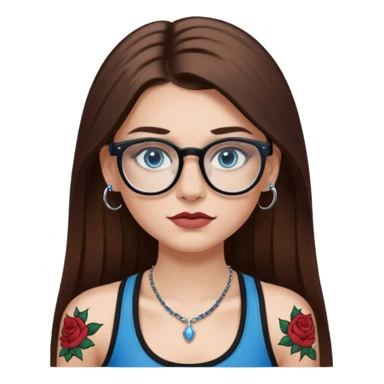 White girl with long straight brown hair and blue eyes wearing plastic frame glasses that go from black to clear ombré from top to bottom. Stud nose piercing on right side of nose and a septum piercing. Wearing black tank top. Rose tattoo on right arm. sticker