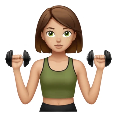 Girl with green eyes, brown hair that goes to her elbows, light skin, and freckles wearing an olive green crop top with black leggings working out, she has light gorgeous lashes sticker