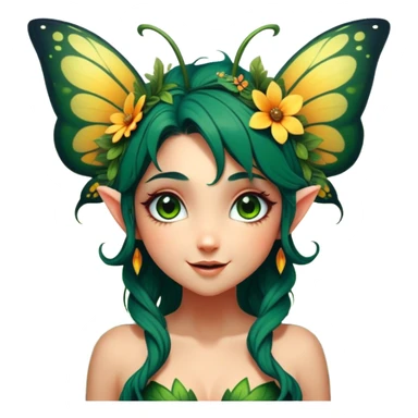 Cinematic Realistic Forest Fairy Portrait, head tilted dramatically with an exaggeratedly amused expression, featuring a striking, nature-infused form with glowing, sun-kissed tanned skin and vividly detailed dark green hair adorned with floral accents. Her expressive eyes brim with playful forest mischief, rendered with vibrant, lifelike textures and dynamic dappled lighting that conveys a spirited, over‐the‐top woodland whimsy showing her large butterfly wings from her back. sticker