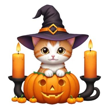An orange and black kitten with a tiny witch hat, a pumpkin by its side, surrounded by candles, bats, and magical sparkles. sticker