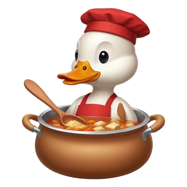 A duck wearing red apron stirring soup in a small pot, looking very focused. sticker