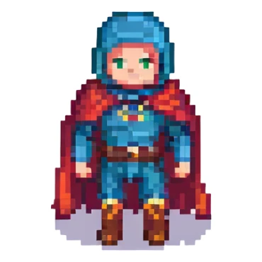 pixel art icon of a small hero figure with a cape, retro games style sticker