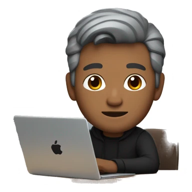 memoji of a white man with a laptop in front, apple-style,modern,dark grey hair, black sweater,computer in hand, srilankan brown skin, sitting on his desk sticker