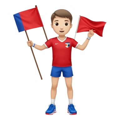 A boy in a jersey, excitedly lifting a small handheld flag and shorts with simple sport shoes sticker