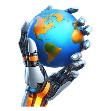 "Earth held by a futuristic robotic hand, glowing with blue and orange digital lines, with a high-tech and futuristic atmosphere." sticker