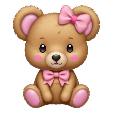 The og emoji teddy bear eith some pink blush and a cute pink coquette bow in the ear sticker