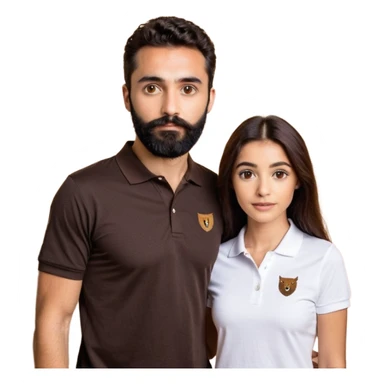Tente de novo.Crie um casal - Homem branco de cabelo liso e olhos marrom, com barba, expressão séria usando camiseta polo preta e mulher de pele branca cabelo cacheado marrom longo e olhos mel, usando uma regata branca, quero ela sorrindo sticker