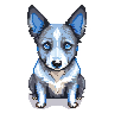 pixel art black grey and white blue heeler dog standing with alert ears simple background sticker