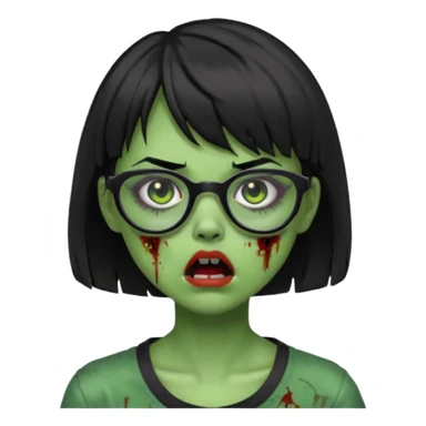 faça uma menina zumbi,da cor verde,com o cabelo curto preto até o pescoço,franja,óculos pretos,olhos escuros,boca meio aberta e alguns machucados pelo rosto sticker