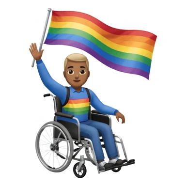 A black guy in a wheelchair waving a gay flag sticker