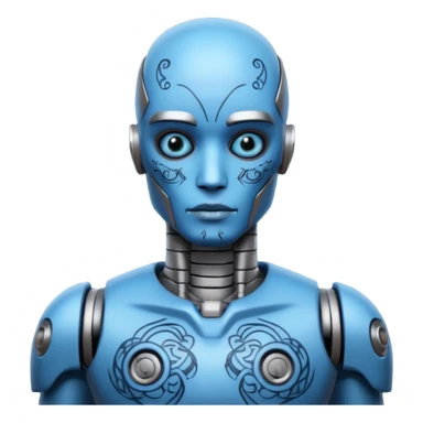blue Tatooed robot, big many tatooes on chest, neck and face, tatoo on face sticker