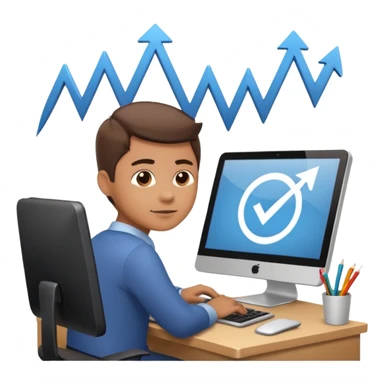 A person sitting at a desk working and looking at a computer with upward arrows and percentage signs, suggesting digital sales, marketing, or outreach. sticker