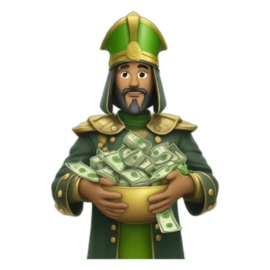Saladin with green salad in the left hand and stack of money in other hands sticker