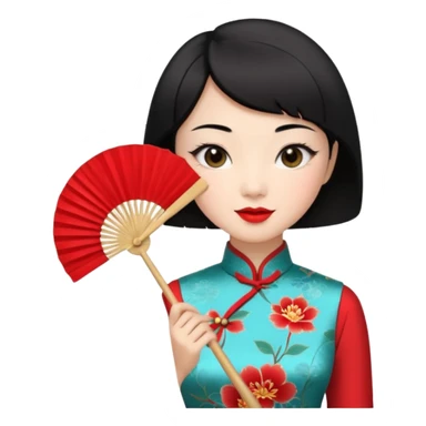 a chinese woman wearing a cheongsam holding a folding fan elegantly with fancy, red lipstick and short black hair sticker