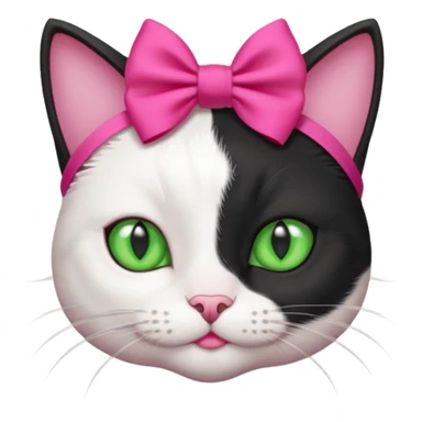 A black and white cat head with green eyes she has a hot pink bow on her head  sticker