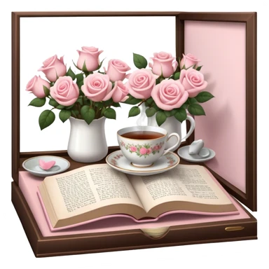 A cozy reading nook with an open book, a steaming cup of tea, and a bouquet of pale pink roses. sticker