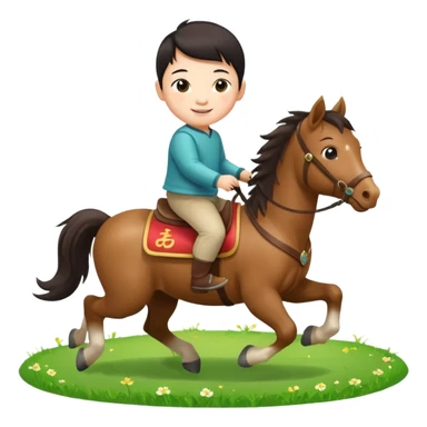 l little chinese baby riding on a  cute horse running on the grass with 2026 year label sticker