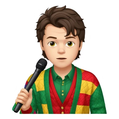 harry styles with a mic, he is wearing a patchwork colorful (red, yellow,green) cardigan sticker