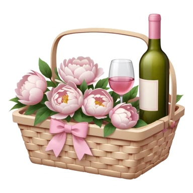 White Picnic basket with light pink bow and white peonies and a pink wine bottle inside sticker