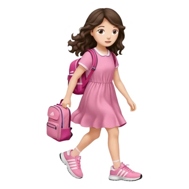aestethic brunette very long wavy hair walking with a school backpack, with a cute pink dress, adidas shoes sticker