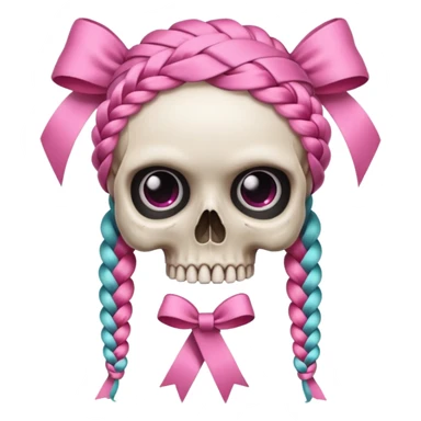 skull emoji with pink ribbon pookie and two braids sticker