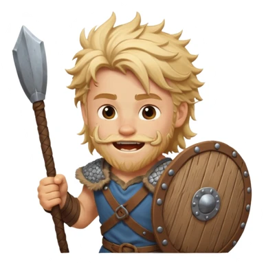 A young Viking warrior with messy blond hair, wooden shield, and fierce excited grin.
 sticker