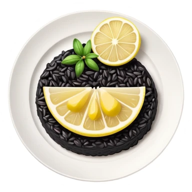 cinematic-realistic-black-risotto-dish,-showcasing-dramatic-lighting in a white plate with a single slice of grilled lemon on top sticker