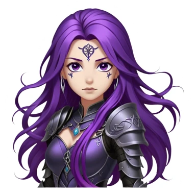 A mysterious warrior girl with long, flowing purple hair cascading down her back, strands catching the dim light like silk. Her piercing violet eyes glow. She wears sleek black armor, a perfect fusion of elegance and lethality, adorned with intricate silver engravings resembling ancient runes.  sticker