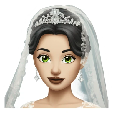Hyper Realistic ornate ballgown long sleeve Wedding dress with diamanté on Russian bride with pale skin and green eyes and long black hair with veil and diamond jewelry hyper realistic  sticker