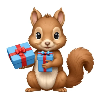 realistic squirrel holding a blue gift box in one hand and a red Swiss flag in the other, both objects clearly visible, simple white background, the gift is a different color from the flag sticker