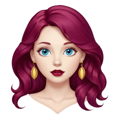 Long wavy burgundy plum color hair, pale skin, female with big Sky blue  eyes, plump red lips, with gold lip earring sticker