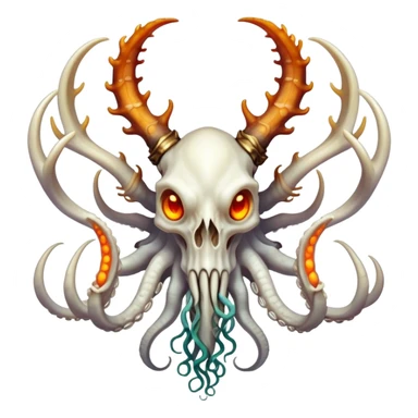 Create a haunting aquatic guardian that combines the spectral tree-skull's ghostly essence and wooden structure with the dragon-octopus's vibrant scales and dexterous tentacles, resulting in a bone-white cephalopod with branch-like appendages, glowing amber eyes, and a dragon-skull head sprouting twisted coral antlers that rules the boundary between the living ocean and the sunken realm of the dead. sticker