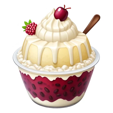 Korean Bingsu shaved ice dessert with red beans and fruit sticker