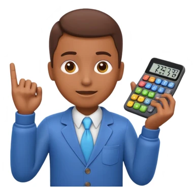 3D iPhone style emoji of a person using a calculator, finger pressing colorful buttons, digital display showing numbers, isolated on white background, soft shadows, high detail, playful and cute. sticker