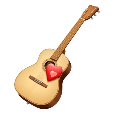 “Flat vector icon of a Cuban tres guitar in three-quarter view, warm brown, thick outline, centered on a warm cream or beige rounded-square (or circle); near the soundboard add a small red or pink heart with a soft glow and 2–3 tiny sparkles to suggest ‘soul’.  sticker